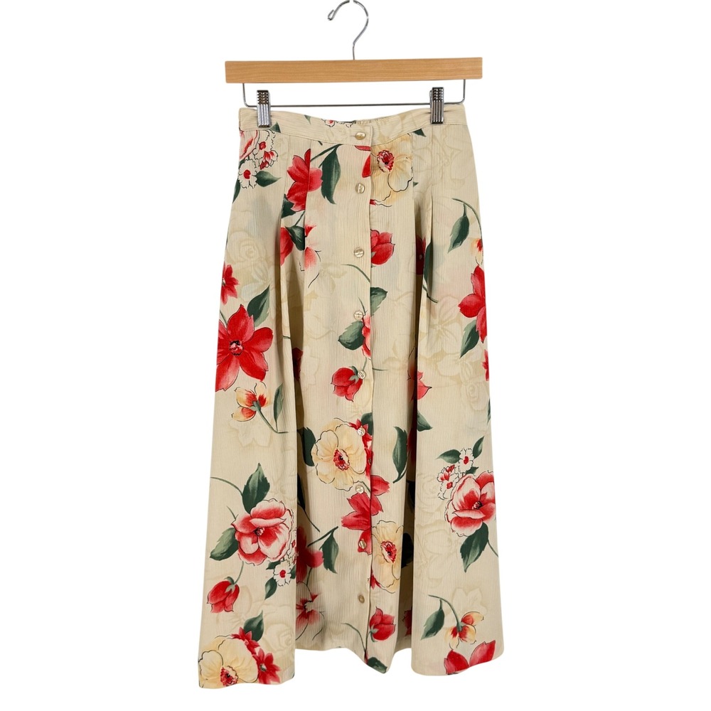 Vintage Floral Kathie Lee Button Midi Skirt Ivory 6 Cottagecore 90s Granny